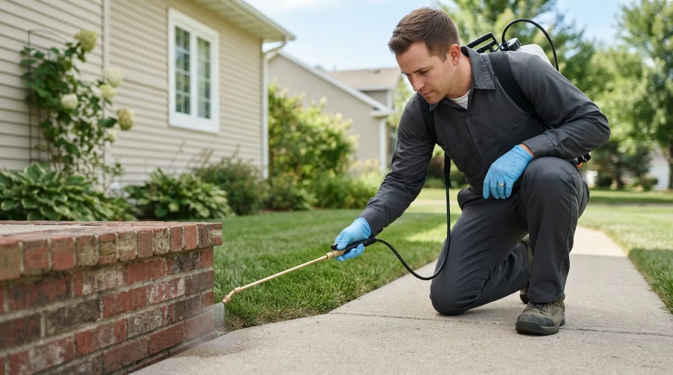 Pest control technician treating a home near Cecil, OH